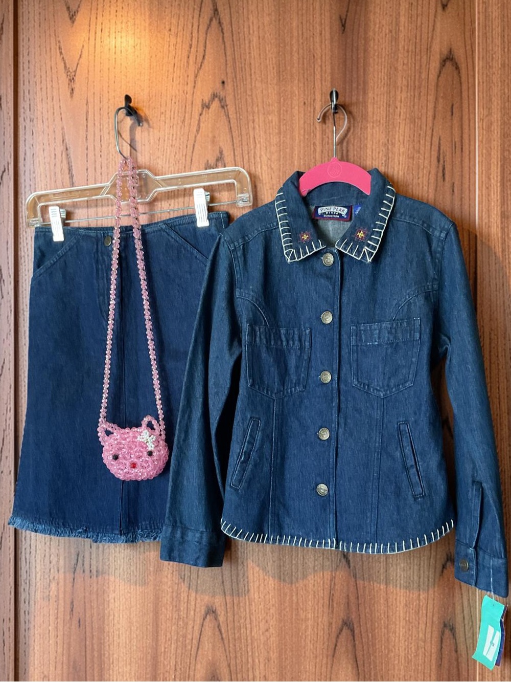 GIRLS VTG PINE PEAK DEMIN JACKET SKIRT & HELLO KITTY BEADED BAG SZ 7 - LOT OF 3